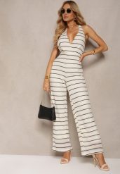 Biały Kopertowy Kombinezon z Wiązaniem na Plecach i Odkrytymi Plecami z Gumką w Talii Wilbia. Białe sukienki Renee, na spotkanie biznesowe, m, bez wzorów, eleganckie, bez kołnierzyka, bez ramiączek, kopertowe. Za 189.99 zł.