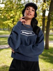 Bluza z napisem - granatowy. Niebieskie bluzy Sinsay, l, bez wzorów, bez kaptura. W wyprzedaży za 19.99 zł.