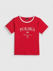 4F Koszulka kibica damska - czerwona XS. Czerwone koszulki sportowe 4f, bez wzorów, z bawełny, bez ramiączek. Za 59.99 zł.