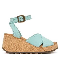 Sandały Fly London. Zielone sandały Fly London, bez wzorów, bez obcasa, na koturnie, bez zapięcia. Za 716.99 zł.