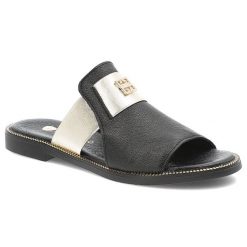 Czarne Klapki Armodo Eleganckie Obuwie Damskie. Czarne klapki Armodo, bez wzorów, ze skóry, bez obcasa, na płaskiej podeszwie. Za 289.00 zł.