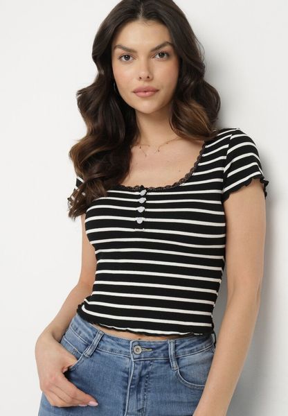 Czarny Bawełniany T-shirt w Paski z Koronką i Guzikami Panirea. Czarne t-shirty Born2be, m, bez wzorów, z bawełny, bez kołnierzyka, bez ramiączek. Za 69.99 zł.