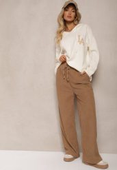 Ciemnobeżowe Spodnie o Szerokim Kroju High Waist z Wiązaniem w Pasie Ettianne. Brązowe spodnie materiałowe Renee, na co dzień, m, bez wzorów, z jeansu, z podwyższonym stanem. Za 39.99 zł.