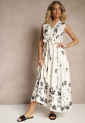 Biała Sukienka Bez Rękawów z Koszulową Górą Ozdobiona Haftem Mepiora. Białe sukienki Renee, na co dzień, s, bez wzorów, eleganckie, bez kołnierzyka, bez ramiączek, maxi, koszulowe. Za 109.99 zł.