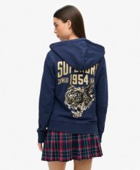 Superdry Embellish Archive Ziphood rozpinana bluza damska bawełniana. Niebieskie bluzy Superdry, bez wzorów, z bawełny, bez kaptura. Za 364.45 zł.