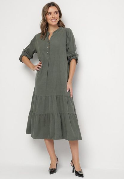 Ciemnozielona Bawełniana Rozkloszowana Sukienka z Falbanką i Regulowanymi Rękawami Rivesi. Zielone sukienki Born2be, na co dzień, bez wzorów, z bawełny, eleganckie, bez kołnierzyka, bez ramiączek, midi, proste. Za 159.99 zł.
