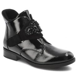 Czarne Botki S.Barski Eleganckie Obuwie Damskie Z Ozdobą. Czarne botki S.BARSKI, z aplikacjami, z lakierowanej skóry, bez obcasa, na obcasie, bez zapięcia. Za 169.99 zł.
