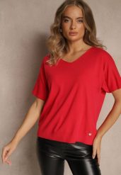 Czerwony T-shirt z Dzianiny z Dekoltem w Serek Fenalise. Czerwone t-shirty Renee, l, z aplikacjami, z dzianiny, bez kołnierzyka, bez ramiączek. Za 49.99 zł.
