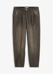 Jeansy typu barrel, mid waist, z wygodnym pasem. Szare jeansy bonprix, bez wzorów. Za 149.99 zł.