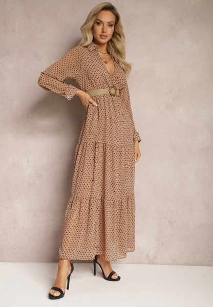 Ciemnobeżowa Sukienka Z Paskiem Erenope. Brązowe sukienki Renee, l, bez wzorów, bez kołnierzyka, bez ramiączek, maxi, kopertowe. Za 89.99 zł.