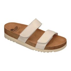 Scholl Skórzane klapki "Lusaka" w kolorze kremowym rozmiar: 41. Brązowe klapki Scholl, bez wzorów, z otwartym noskiem, bez obcasa. Za 91.56 zł.