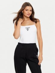 Guess Top V5RP08 KCOA2 Biały Regular Fit. Białe topy Guess, s, z aplikacjami, z wiskozy, bez kołnierzyka, bez ramiączek. Za 129.99 zł.