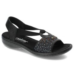 Czarne Sandały Rieker Eleganckie Wsuwane Obuwie Damskie. Czarne sandały Rieker, bez wzorów, ze skóry ekologicznej, eleganckie, bez obcasa, bez zapięcia. Za 239.00 zł.
