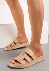 Ciemnobeżowe Piankowe Klapki z Wycięciami Vasama. Brązowe klapki Born2be, bez wzorów, bez obcasa, na płaskiej podeszwie. Za 49.99 zł.