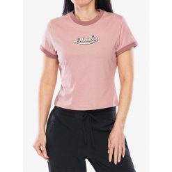 Koszulka bawełniana damska Columbia Rolling Bend Graphic Ringer Tee. Czerwone koszulki sportowe Columbia, bez wzorów, z bawełny, bez ramiączek. Za 74.99 zł.