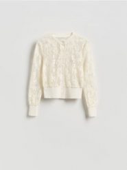 Ażurowy kardigan - złamana biel. Kardigany Reserved, l, w ażurowe wzory, z bawełny. Za 99.99 zł.