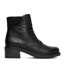 Botki Remonte. Czarne botki Remonte, bez wzorów, bez obcasa, na płaskiej podeszwie, bez zapięcia. Za 499.99 zł.
