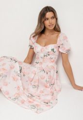 Różowa Rozkloszowana Sukienka z Bufkami w Kwiatowy Wzór Melaphine. Czerwone sukienki Born2be, na spotkanie biznesowe, na lato, m, bez wzorów, eleganckie, bez kołnierzyka, bez ramiączek, midi, rozkloszowane. Za 159.99 zł.
