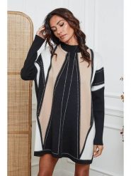 So Cachemire Sukienka dzianinowa "Jamjam" w kolorze jasnobrązowo-czarnym rozmiar: S. Brązowe sukienki So Cachemire, na co dzień, s, bez wzorów, z dzianiny, bez kołnierzyka, bez ramiączek, mini, proste. Za 183.59 zł.