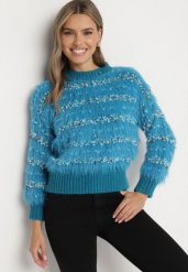 Niebieski Sweter z Wiskozą i Bawełną z Kolorową Nicią Raithra. Niebieskie swetry Born2be, uniwersalny, z aplikacjami, z bawełny, bez ramiączek. Za 89.99 zł.
