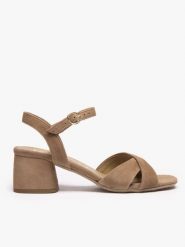 Jasnobrązowe sandały na obcasie. Brązowe sandały Brawo sp. z o.o., bez wzorów, ze skóry, eleganckie, bez obcasa, na obcasie, bez zapięcia. Za 429.99 zł.