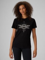 4F T-shirt regular z nadrukiem damski - czarny XS. Czarne t-shirty 4f, m, bez wzorów, z bawełny, bez kołnierzyka, bez ramiączek. Za 59.99 zł.