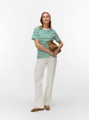Vero Moda Koszulka w kolorze biało-zielonym rozmiar: L. Białe bluzki Vero Moda, l, bez wzorów, z bawełny, bez kołnierzyka, bez ramiączek. Za 57.06 zł.