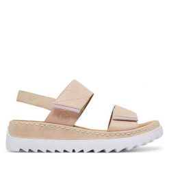 Sandały Rieker. Brązowe sandały Rieker, bez wzorów, bez obcasa, na koturnie, bez zapięcia. Za 259.99 zł.