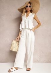 Białe Spodnie z Bawełny i Lnem High Waist Kolalia. Białe spodnie materiałowe Renee, do pracy, xl, bez wzorów, z bawełny, z podwyższonym stanem. Za 39.99 zł.