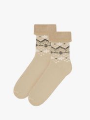 Beżowe skarpetki świąteczne unisex w śnieżynki. Brązowe skarpety Ryłko, bez wzorów, z bawełny. Za 24.99 zł.