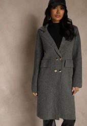 Szary Płaszcz Dwurzędowy o Długim Kroju w Eleganckim Stylu Saratusa. Szare płaszcze Renee, bez wzorów, z jeansu, bez kaptura. Za 139.99 zł.