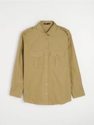 Bawełniana koszula w stylu safari z pagonami - zielony. Zielone koszule Sinsay, l, bez wzorów, z bawełny, bez kołnierzyka, bez ramiączek. Za 49.99 zł.