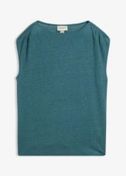 Bluzka z czystego lnu. Niebieskie bluzki bonprix, bez wzorów, bez kołnierzyka, bez ramiączek. Za 124.99 zł.