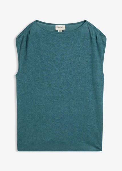 Bluzka z czystego lnu. Niebieskie bluzki bonprix, bez wzorów, bez kołnierzyka, bez ramiączek. Za 124.99 zł.