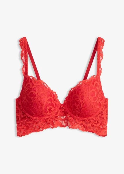 Biustonosz push-up z miękkiej koronki. Czerwone biustonosze bonprix, bez wzorów, z koronki. Za 77.99 zł.