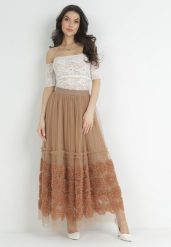 Beżowa Spódnica Maxi z Tiulowej Siateczki z Gumką w Pasie Johannah. Brązowe spódnice Born2be, m, bez wzorów, z koronki, maxi. Za 129.99 zł.