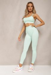 Miętowy Elastyczny Komplet Fitness Usztywniany Biustonosz i Legginsy z Gumką Orbinra. Zielone legginsy Renee, m, bez wzorów. Za 64.99 zł.