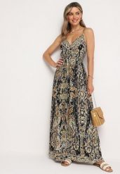 Czarno-Beżowa Wiskozowa Sukienka w Stylu Boho na Regulowanych Ramiączkach z Dekoltem w Serek Xalflea. Czarne sukienki Born2be, na co dzień, na lato, l, bez wzorów, z jeansu, boho, bez kołnierzyka, bez ramiączek, maxi. Za 79.99 zł.