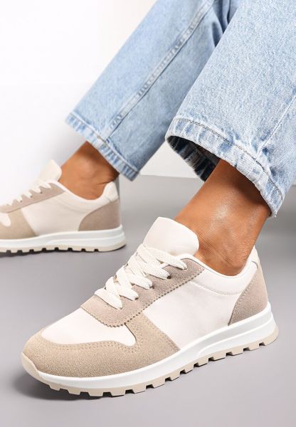 Biało-Ciemnobeżowe Sznurowane Sneakersy na Płaskiej Podeszwie z Wycięciami i Wstawkami Zaylynn. Brązowe obuwie sportowe Renee, ze skóry, przed kostkę, bez zapięcia. Za 59.99 zł.