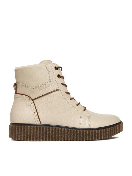 Rieker Trzewiki Y4303-80 Écru. Botki Rieker, bez wzorów, ze skóry, bez obcasa, na płaskiej podeszwie, bez zapięcia. Za 299.99 zł.