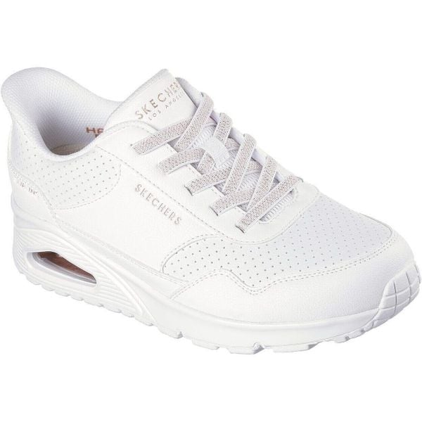 Buty sportowe damskie Skechers Uno Banksia Luxe. Białe obuwie sportowe Skechers, ze skóry ekologicznej, bez zapięcia. Za 490.00 zł.