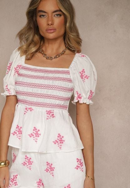 Fuksjowa Bluzka z Bawełny z Hiszpańskim Dekoltem i Haftami Nilissa. Czerwone bluzki Renee, m, bez wzorów, z bawełny, bez kołnierzyka, bez ramiączek. Za 119.99 zł.