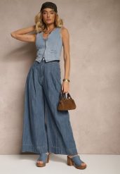 Granatowe Szerokie Jeansy z Bawełny High Waist Cohna. Niebieskie jeansy Renee, na co dzień, l, bez wzorów, z bawełny, z podwyższonym stanem. W wyprzedaży za 119.99 zł.