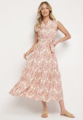 Różowa Wiskozowa Sukienka Bez Rękawów z Wiązanym Paskiem Filimea. Czerwone sukienki Born2be, na co dzień, l, bez wzorów, z materiału, eleganckie, bez kołnierzyka, bez ramiączek, maxi, proste. Za 84.99 zł.