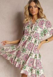 Różowa Sukienka z Wiskozowej Tkaniny w Mozaikowy Wzór Boho Naviera. Czerwone sukienki Renee, na imprezę, na lato, l, bez wzorów, z tkaniny, boho, bez kołnierzyka, bez ramiączek, mini. Za 69.99 zł.