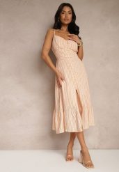 Pomarańczowa Rozkloszowana Sukienka z Wiskozą na Cienkich Ramiączkach z Guzikami Efrisela. Brązowe sukienki Renee, na spacer, l, bez wzorów, z wiskozy, eleganckie, bez kołnierzyka, bez ramiączek, midi, rozkloszowane. Za 119.99 zł.