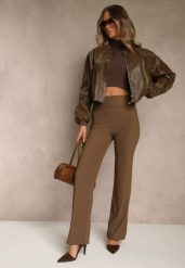 Brązowe Prążkowane Spodnie High Waist z Szerokimi Nogawkami Resoda. Brązowe spodnie materiałowe Renee, na co dzień, l, bez wzorów, z jeansu, z podwyższonym stanem, krótkie. Za 39.99 zł.