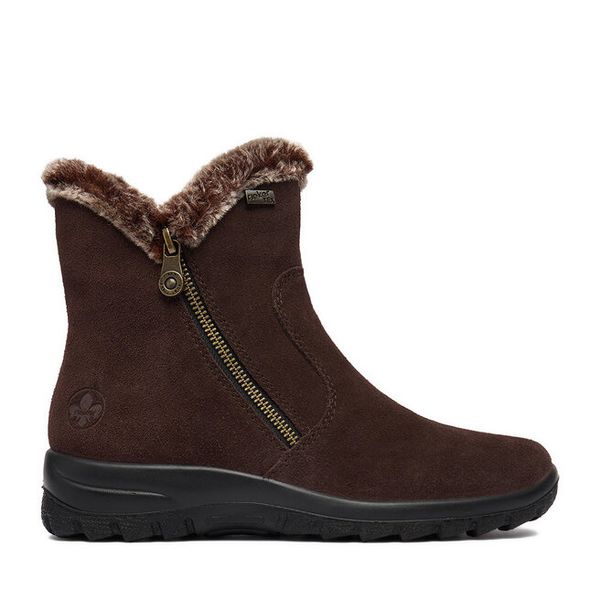 Botki Rieker. Brązowe botki Rieker, bez wzorów, bez obcasa, na płaskiej podeszwie, bez zapięcia. Za 399.99 zł.