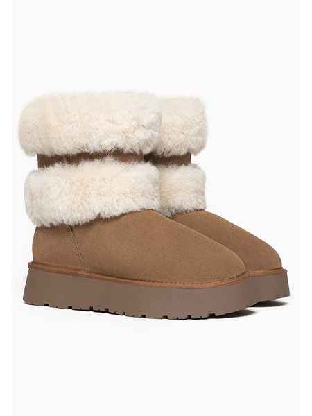 Gooce Skórzane botki zimowe "Mara" w kolorze jasnobrązowo-kremowym rozmiar: 38. Brązowe botki Gooce, na zimę, bez wzorów, z wełny, bez obcasa, na platformie, bez zapięcia. Za 260.99 zł.