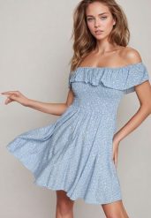 Niebieska Bawełniana Sukienka z Hiszpańskim Dekoltem i Marszczoną Górą w Kwiaty Samorea. Niebieskie sukienki Born2be, na co dzień, m, bez wzorów, z bawełny, eleganckie, bez kołnierzyka, bez ramiączek. Za 39.99 zł.